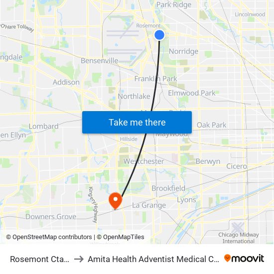 Rosemont Cta Station to Amita Health Adventist Medical Center, Hinsdale map