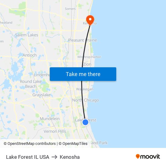 Lake Forest IL USA to Kenosha map