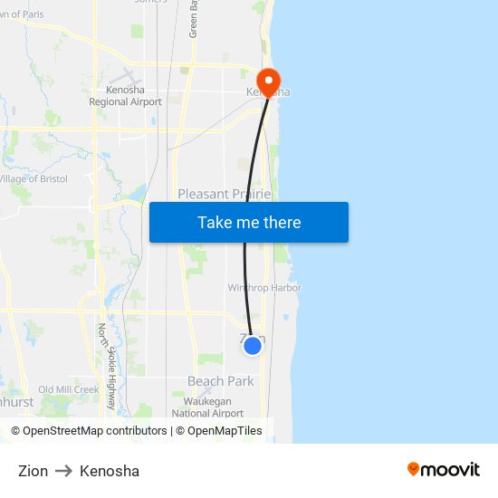 Zion to Kenosha map