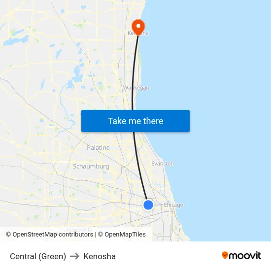 Central (Green) to Kenosha map
