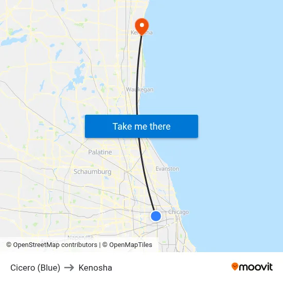 Cicero (Blue) to Kenosha map