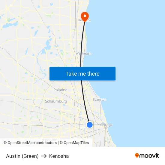 Austin (Green) to Kenosha map