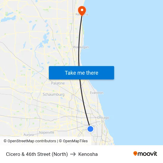 Cicero & 46th Street (North) to Kenosha map