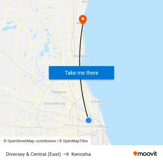 Diversey & Central (East) to Kenosha map