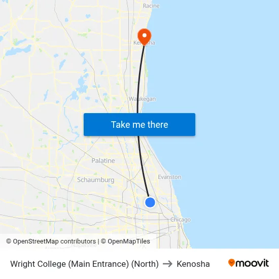 Wright College (Main Entrance) (North) to Kenosha map
