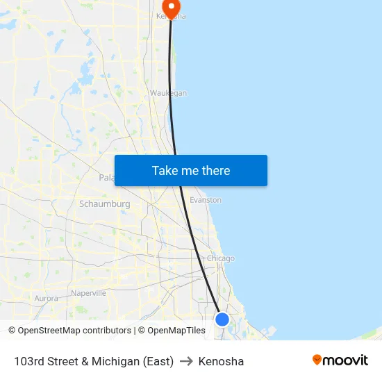 103rd Street & Michigan (East) to Kenosha map