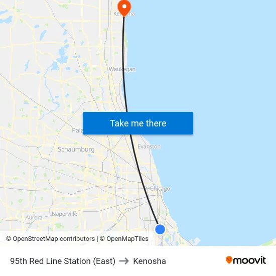 95th Red Line Station (East) to Kenosha map