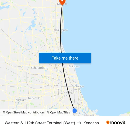 Western & 119th Street Terminal (West) to Kenosha map
