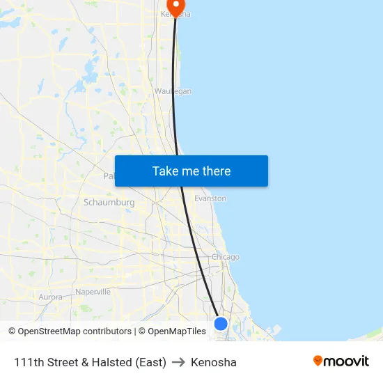 111th Street & Halsted (East) to Kenosha map
