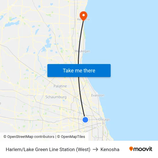 Harlem/Lake Green Line Station (West) to Kenosha map