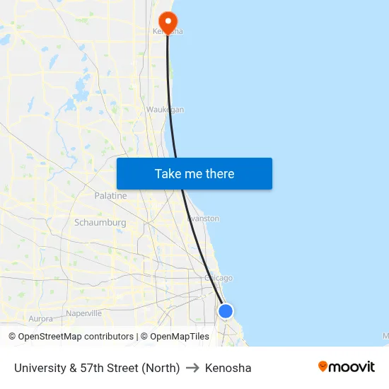 University & 57th Street (North) to Kenosha map
