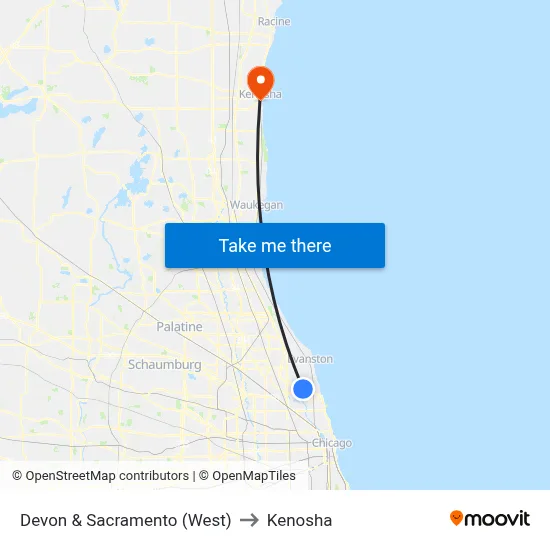 Devon & Sacramento (West) to Kenosha map