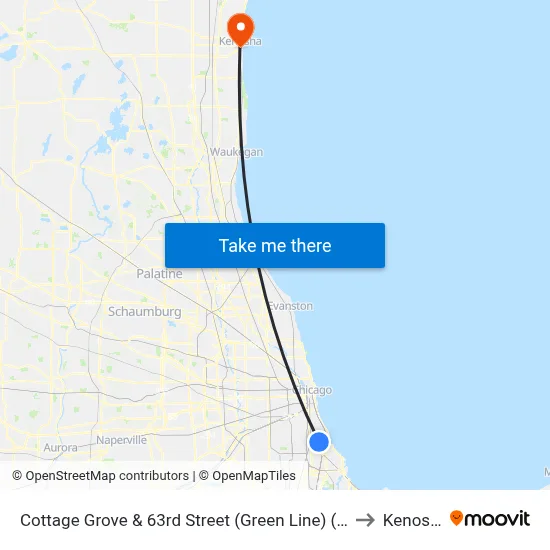 Cottage Grove & 63rd Street (Green Line) (North) to Kenosha map