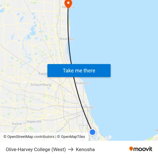 Olive-Harvey College (West) to Kenosha map