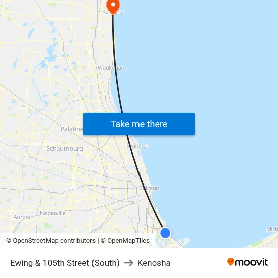 Ewing & 105th Street (South) to Kenosha map