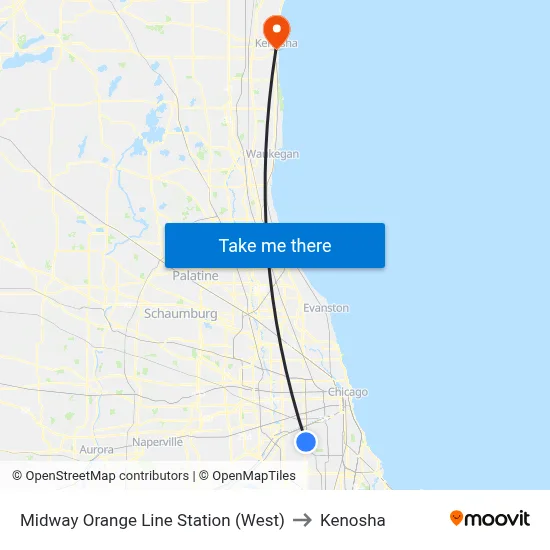Midway Orange Line Station (West) to Kenosha map