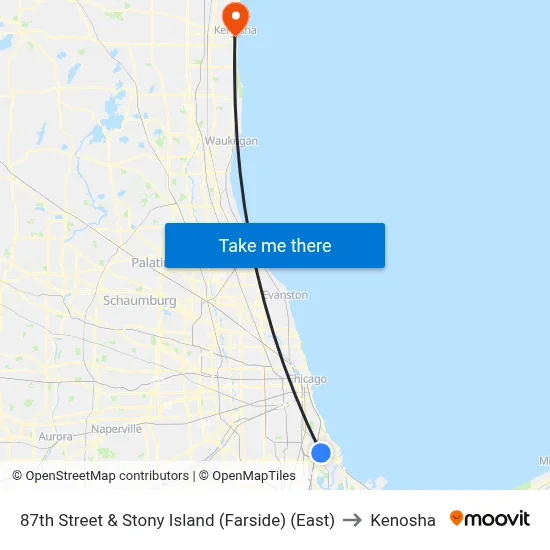 87th Street & Stony Island (Farside) (East) to Kenosha map