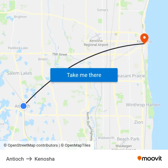 Antioch to Kenosha map