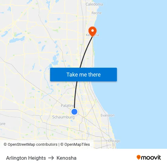 Arlington Heights to Kenosha map