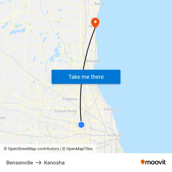 Bensenville to Kenosha map
