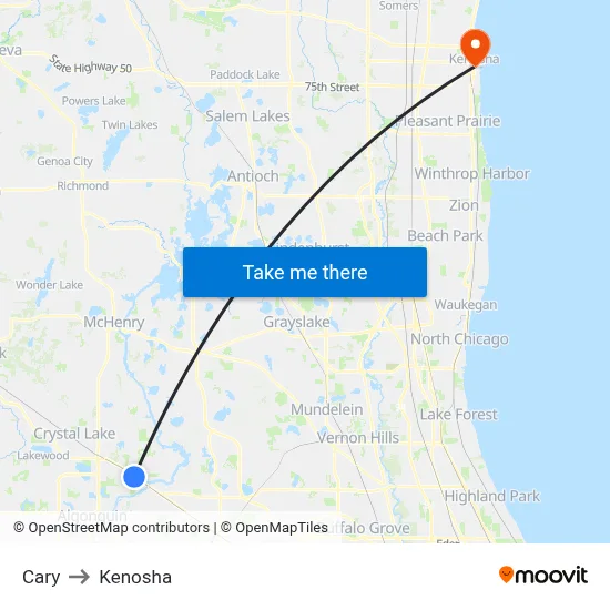 Cary to Kenosha map