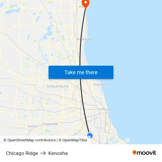 Chicago Ridge to Kenosha map