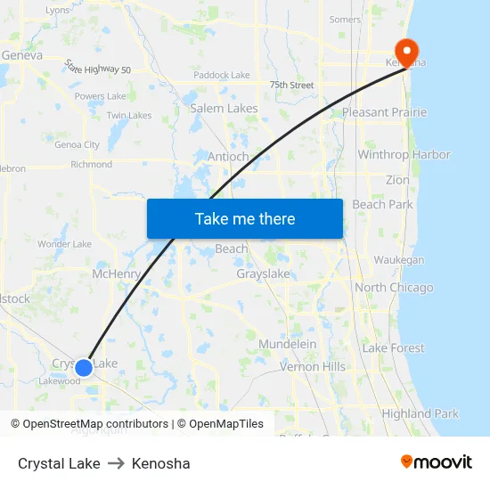 Crystal Lake to Kenosha map