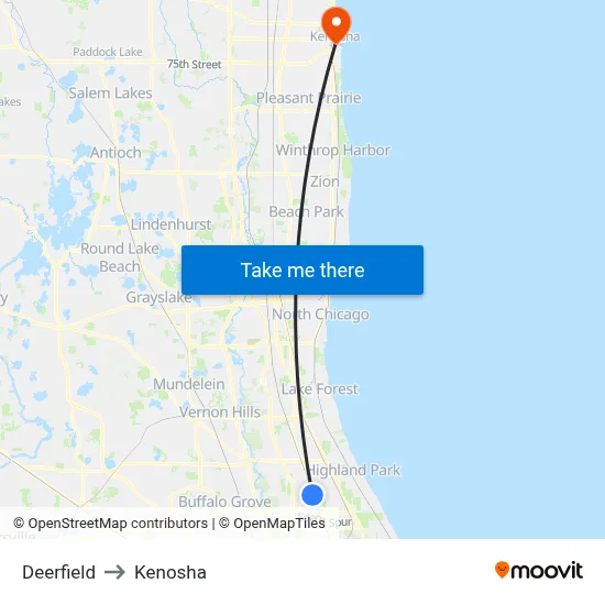 Deerfield to Kenosha map