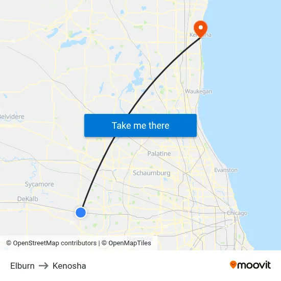 Elburn to Kenosha map