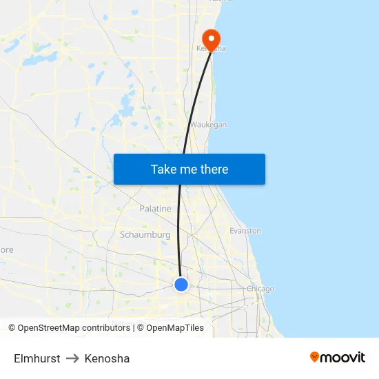 Elmhurst to Kenosha map