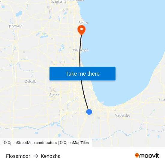 Flossmoor to Kenosha map