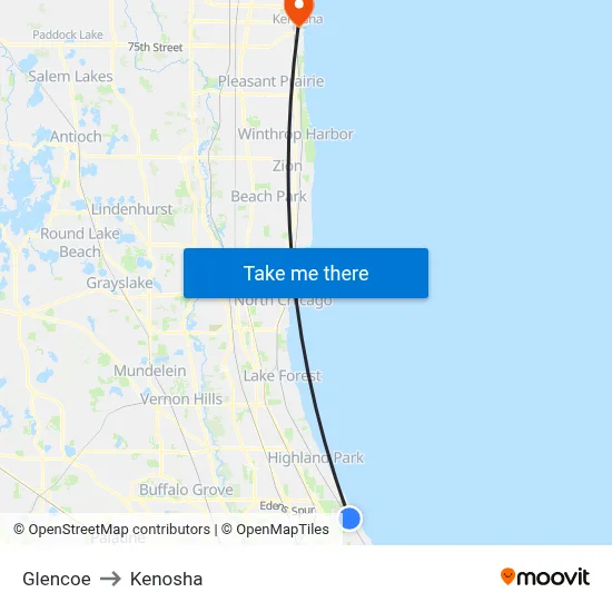 Glencoe to Kenosha map