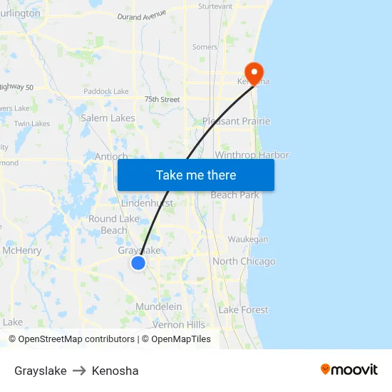 Grayslake to Kenosha map
