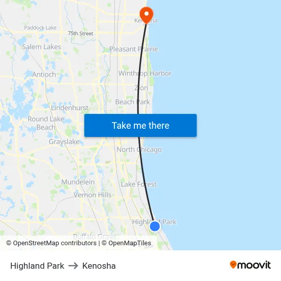 Highland Park to Kenosha map