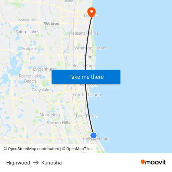 Highwood to Kenosha map