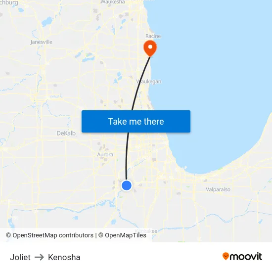 Joliet to Kenosha map