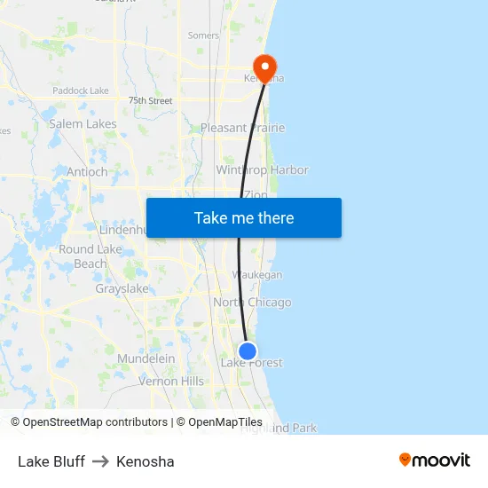 Lake Bluff to Kenosha map