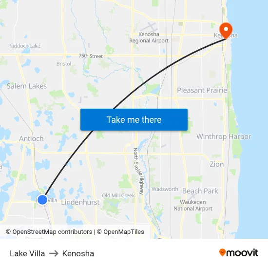 Lake Villa to Kenosha map