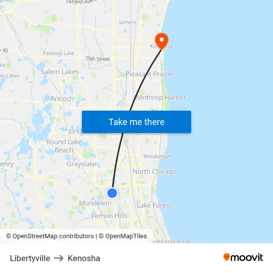 Libertyville to Kenosha map