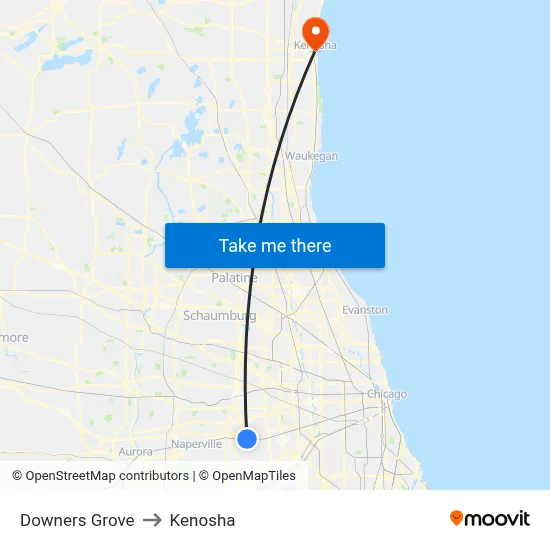 Downers Grove to Kenosha map