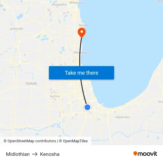 Midlothian to Kenosha map