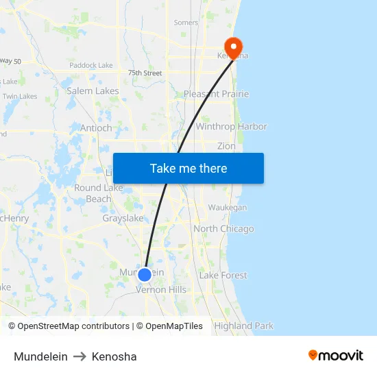Mundelein to Kenosha map