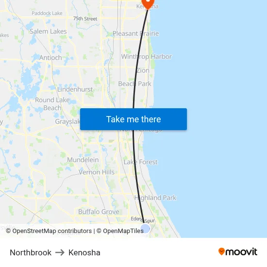Northbrook to Kenosha map