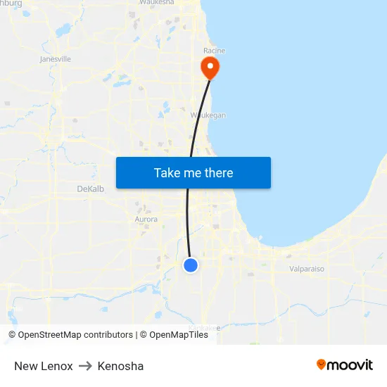 New Lenox to Kenosha map