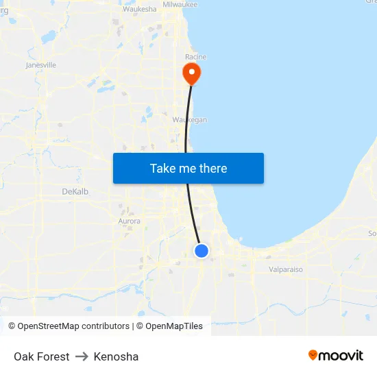 Oak Forest to Kenosha map