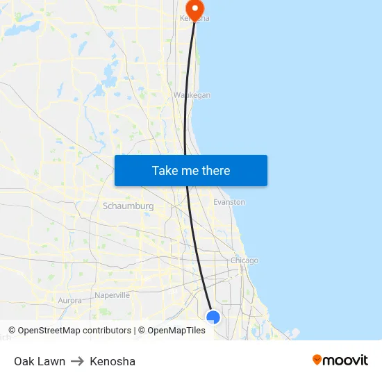 Oak Lawn to Kenosha map