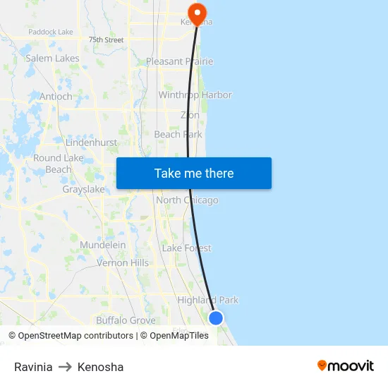 Ravinia to Kenosha map