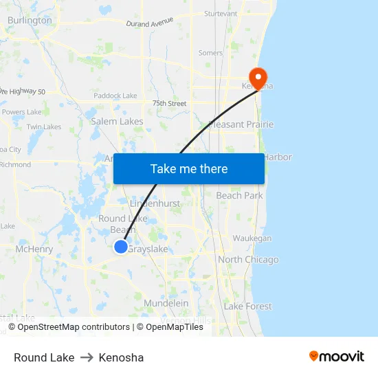 Round Lake to Kenosha map
