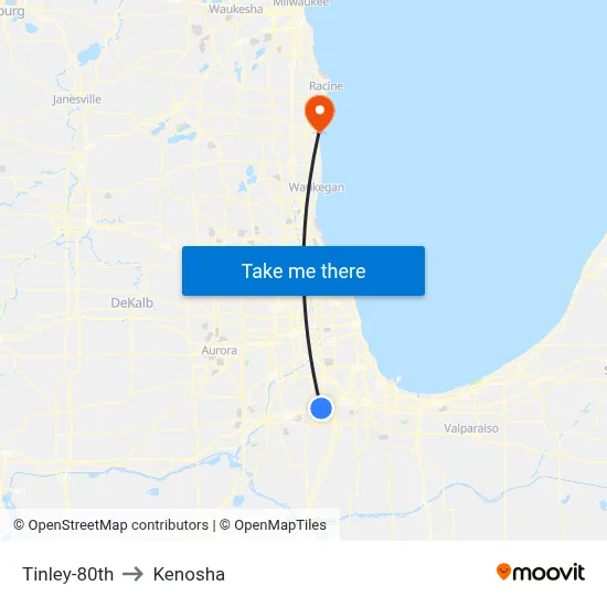 Tinley-80th to Kenosha map