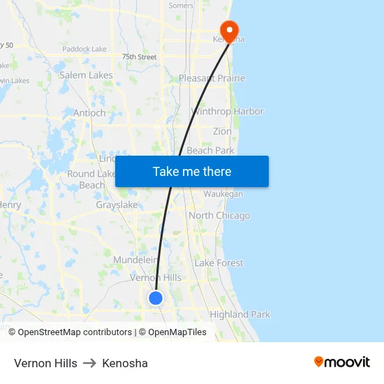 Vernon Hills to Kenosha map